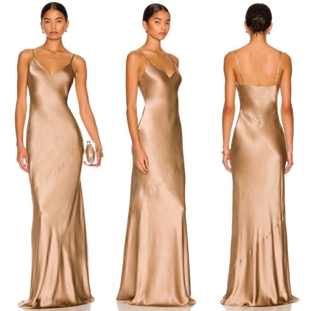L’AGENCE Serita Maxi V-Neck Bias Dress in Cappuccino  Size 16 NWT